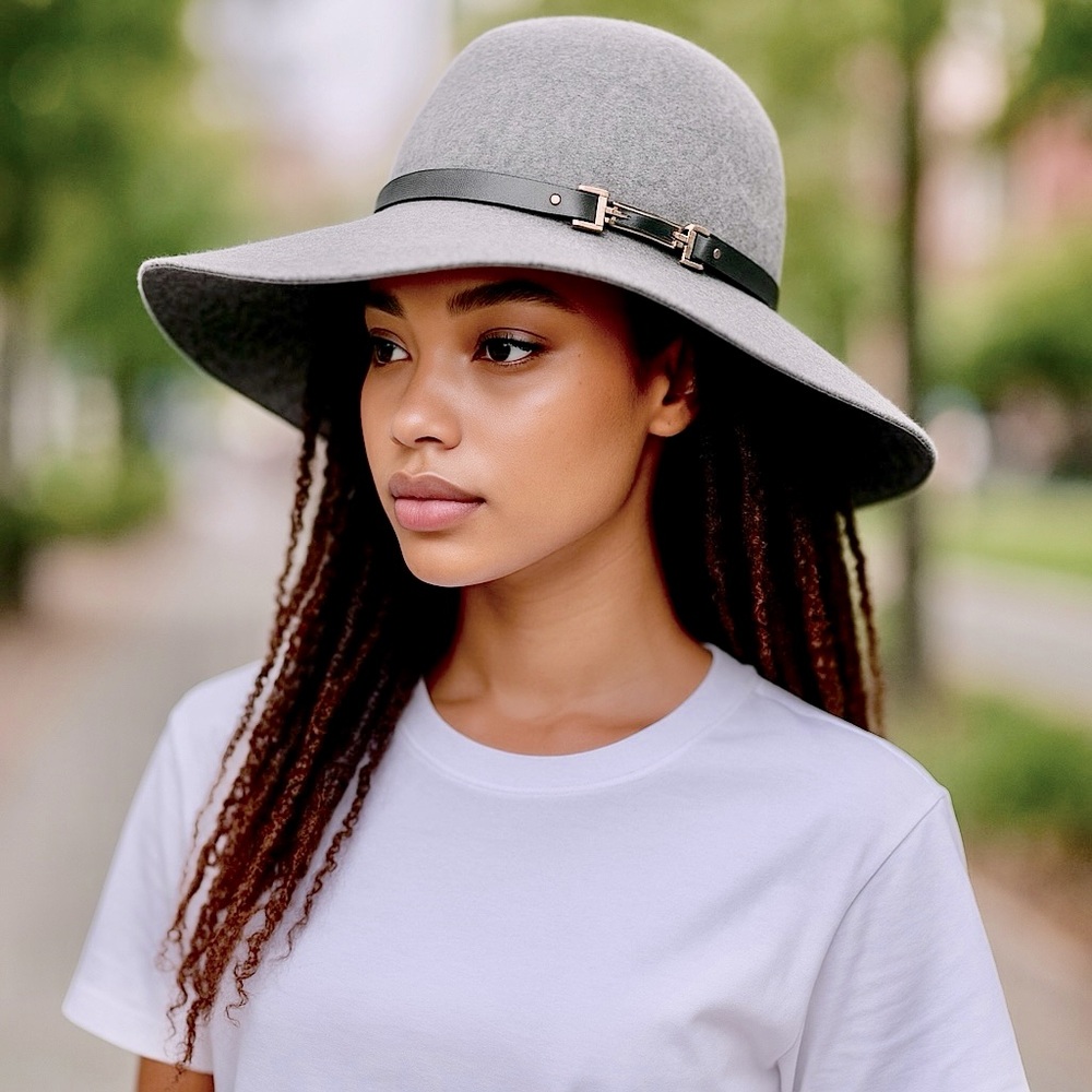 House Of Harlow Wool Rounded Crown Hat Horsebit Buckle Black Band Marled Gray